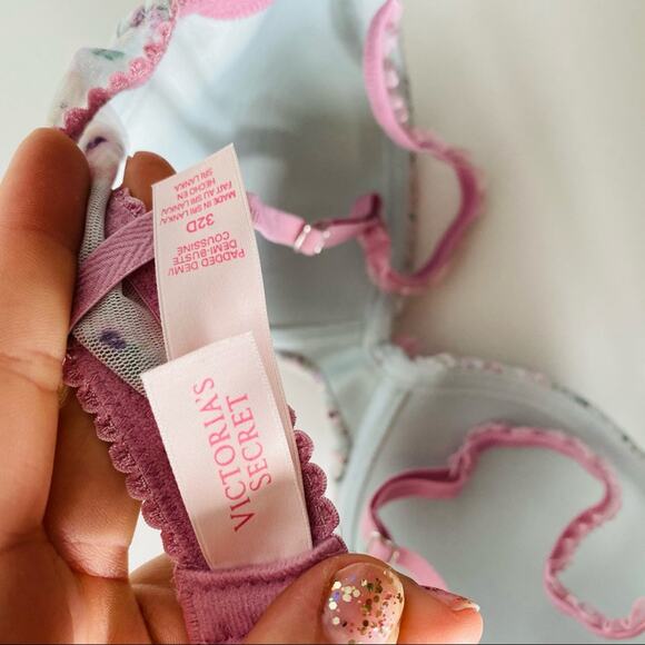 NEW VS VICTORIAS SECRET Blue Mesh Lavender Floral Ruffle Padded Demi Bra 32D - Picture 4 of 8